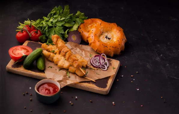 Meat, vegetables, tomatoes, parsley, ketchup, cakes, kebab, cucumbers