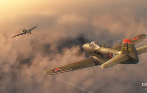 The sky, war, fighter, Art, American, Soviet, piston, single-engine