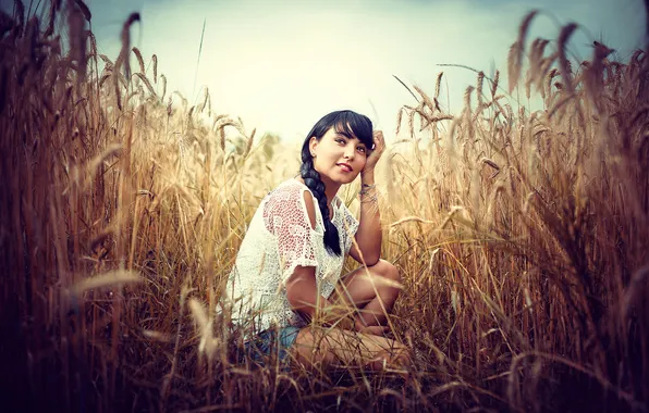 Picture wheat, field, the sky, girl, spikelets, braid