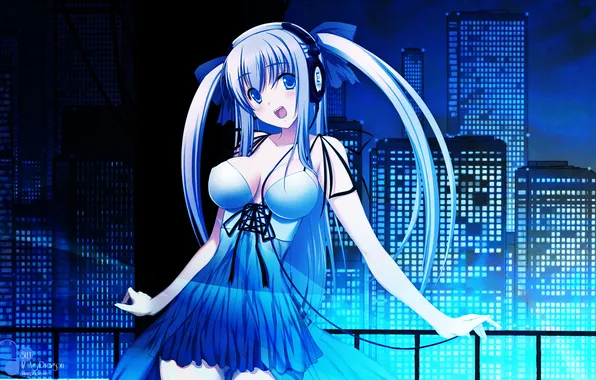 Girl, smile, hair, headphones, blue
