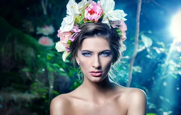 Picture look, flowers, background, portrait, makeup, lighting, brunette, hairstyle