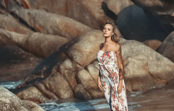 Picture sea, girl, pose, photo, rocks, hair, dress, tattoo