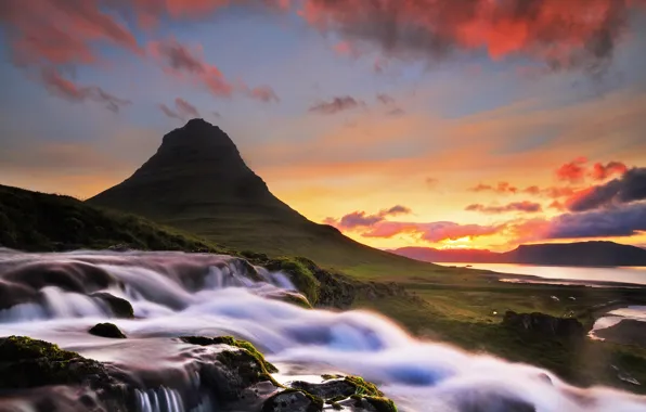 Clouds, river, dawn, mountain, waterfall, morning, Iceland, Iceland