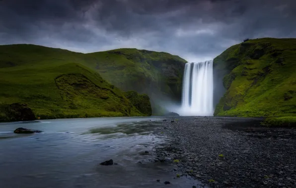 Mountains, river, waterfall, Iceland, Skogarfoss