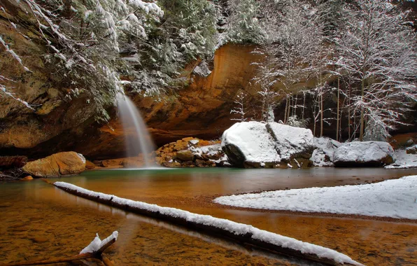 Picture winter, snow, stream, rocks, waterfall, USA, Ohio, Hawking