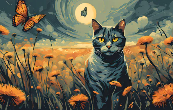 Field, cat, the sky, cat, look, flowers, night, pose