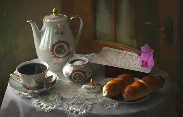 Table, tea, kettle, sugar, still life, cakes