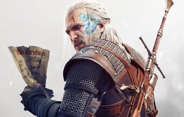 Look, paper, magic, sword, armor, beard, scar, Geralt