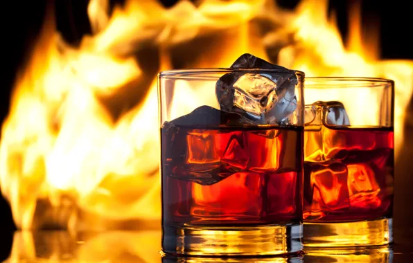 Ice, fire, flame, glasses, drink, whiskey