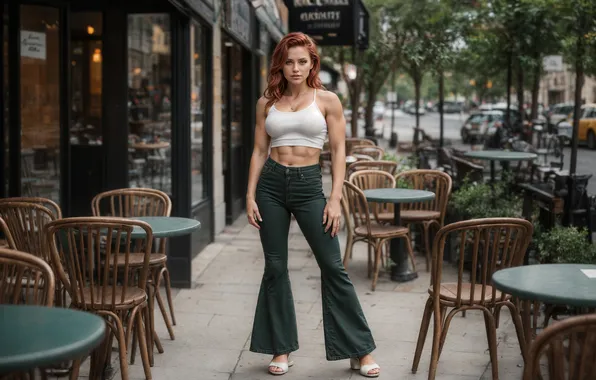 Picture street, women, jeans, redhead, top, wavy hair, AI art, Stable Diffusion