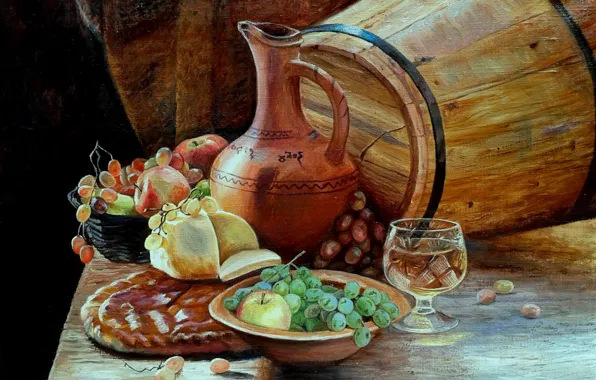 Wine, figure, glass, food, picture, pitcher, fruit, painting