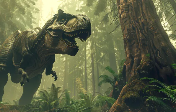 Trees, Teeth, Face, Predator, Dinosaur, Jungle, Animal, Digital art
