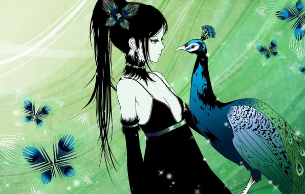 Picture feathers, girl, peacock, black dress, long hair, art, Different Kamijo Is