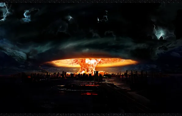 Picture the explosion, Apocalypse, figure, mushroom, art, nuclear, the city. flame