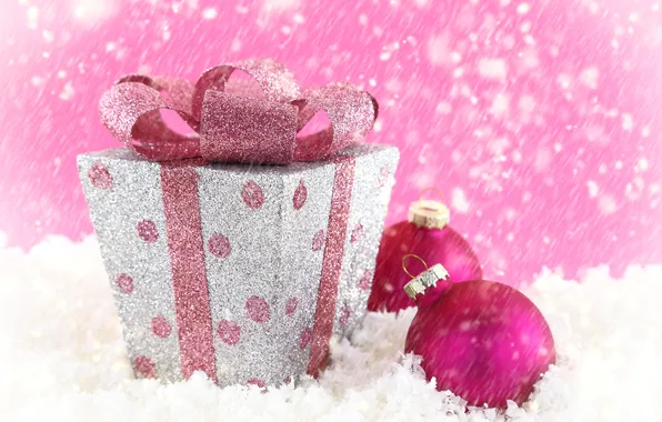 Winter, snow, box, pink, toy, ball, New Year, Christmas