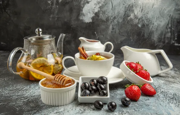 Berries, table, tea, kettle, strawberry, plate, grapes, the tea party