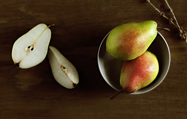 Table, Board, bowl, fruit, pear, slices, bowl