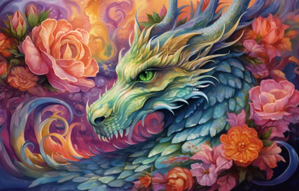 Look, face, flowers, dragon, figure, graphics, portrait, ornament