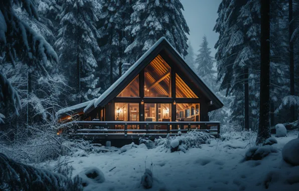 Winter, frost, forest, light, snow, trees, night, branches
