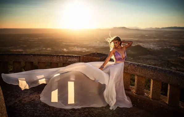 The sky, girl, the sun, sexy, pose, photo, model, height