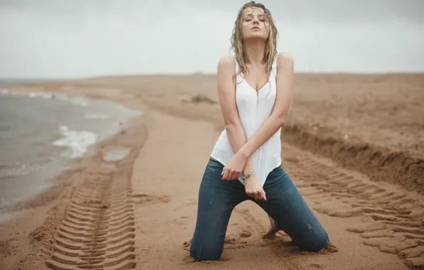 Sea, shore, model, wet, jeans, Nastya