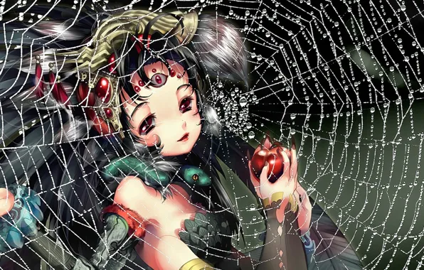 Drops, face, apples, web, hands, girl, claws, long hair