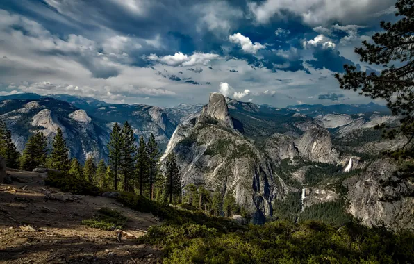 Forest, clouds, trees, mountains, nature, stones, rocks, slope
