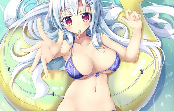 Girl, sexy, cleavage, long hair, sea, boobs, anime, water