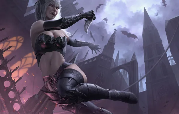 Girl, night, fiction, blade, knife, Church, tower, vampire