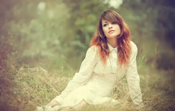 Redhead, bokeh, brown-eyed