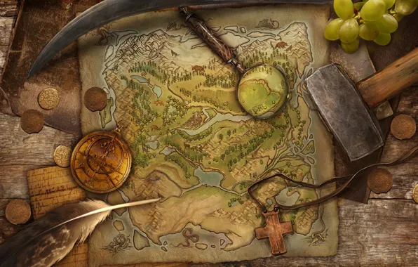 Pen, the game, map, cross, grapes, hammer, coins, treasure