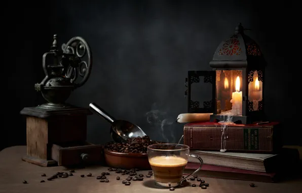 Picture style, books, lamp, coffee, candles, mug, still life, coffee beans
