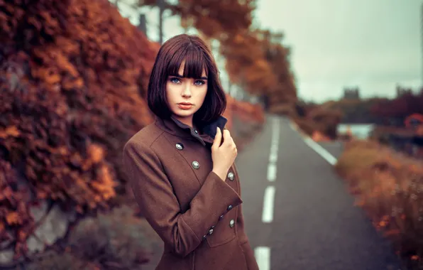 Road, autumn, trees, pose, portrait, makeup, hairstyle, brown hair