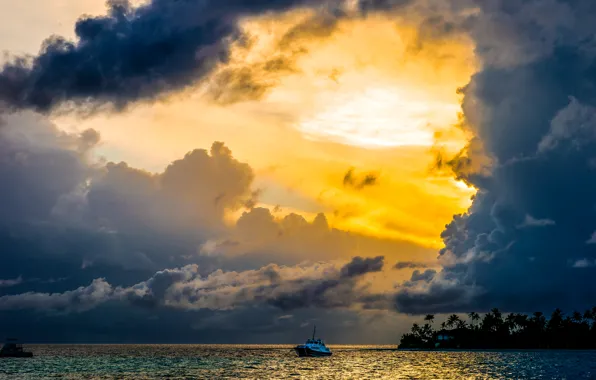 Sea, the sky, sunset, clouds, palm trees, shore, The Maldives, boats