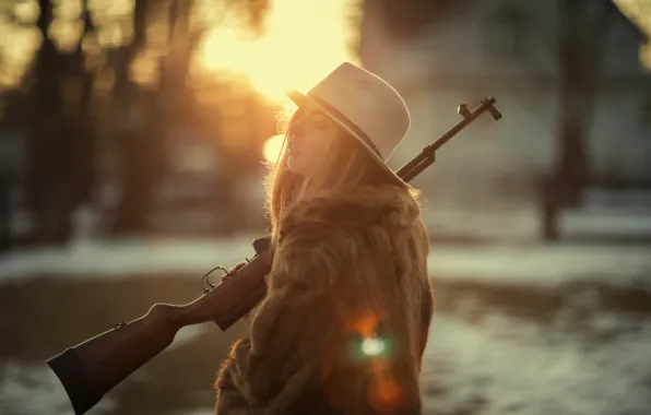 Girl, face, dawn, hat, fur, rifle, Marta