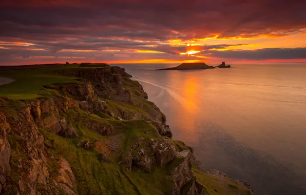 Sea, the sky, the sun, sunset, rocks, shore, view, island