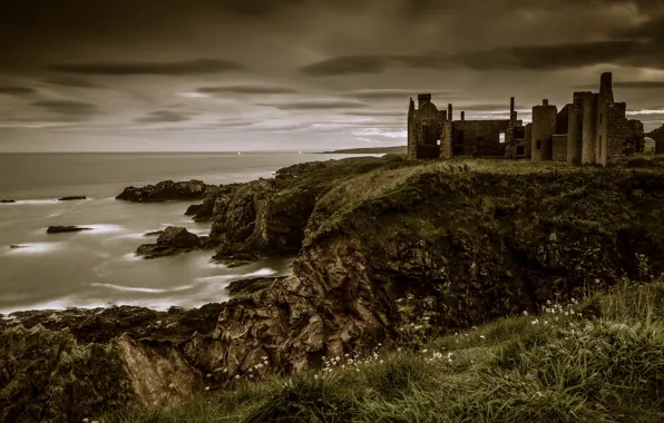 Sea, stones, castle, rocks, shore, ruins, gloomy, frowning