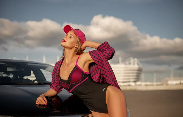 Girl, figure, bodysuit, sky, clouds, model, black cars, women