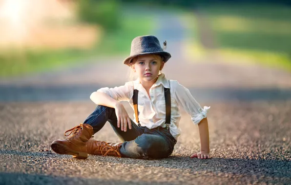 Picture road, pen, jeans, hat, girl, shirt, child, Tomboy