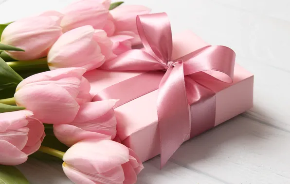 Flowers, gift, bouquet, tulips, pink, wood, pink, flowers