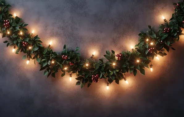 Leaves, branches, lights, berries, wall, texture, fruit, Christmas