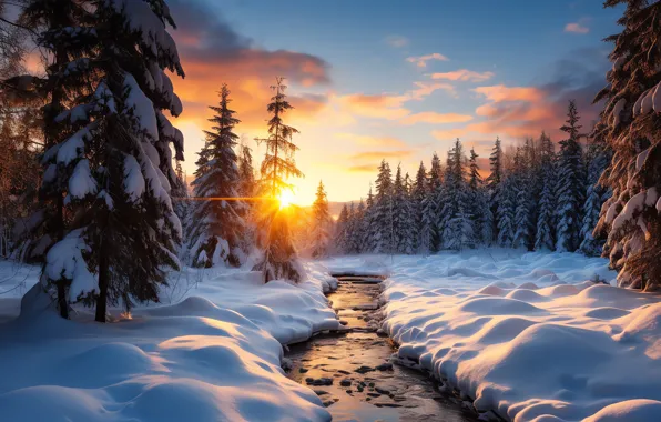 Winter, forest, the sun, clouds, snow, trees, sunset, nature