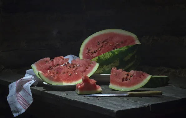 Picture watermelon, berry, knife, tablecloth