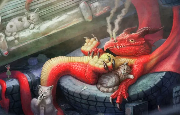 Cat, red, stay, dragon, smoke, tires, art, lynton levengood