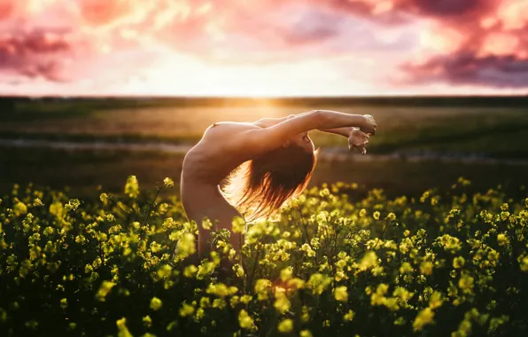 CHEST, The SKY, FIELD, CLOUDS, FLOWERS, BROWN hair, POSE, by Florian Pascual
