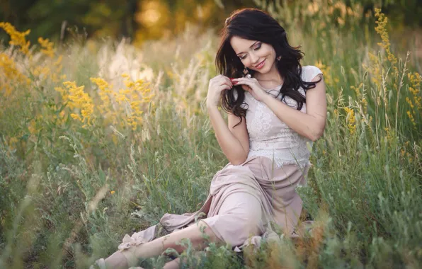 Download wallpaper grass, girl, smile, the steppe, teeth, earrings ...