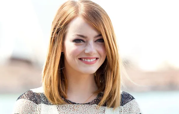 The sun, smile, portrait, actress, red, beauty, bokeh, Emma Stone