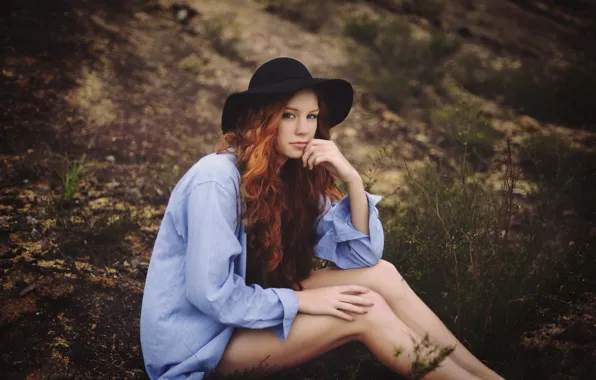 Picture hat, hair, blue shirt, blue dress shirt, feet, shirt, legs, hair