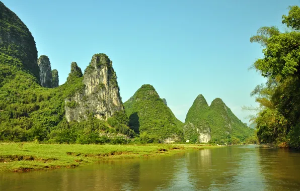 Greens, summer, the sky, the sun, mountains, river, rocks, blue