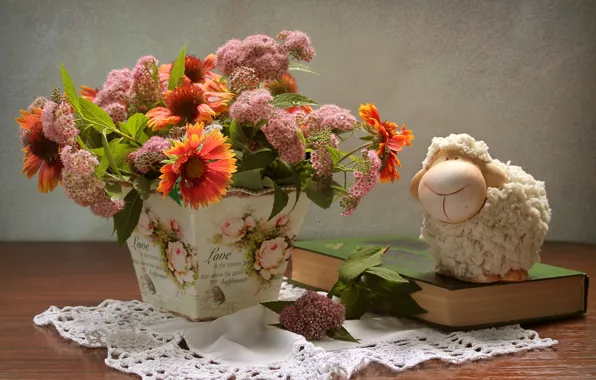 Summer, bouquet, book, figurine, still life, lamb, Spiraea, gaylardiya